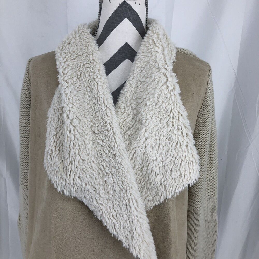 Wishlist Open Cardigan Beige Faux Sheep Skin Suede Sherpa Fleece Sweater Medium